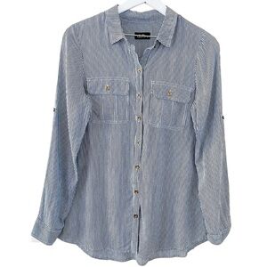 Dotti Blue Stripe 100% Viscose Lightweight Long Sleeve Button Down Blouse Size 8